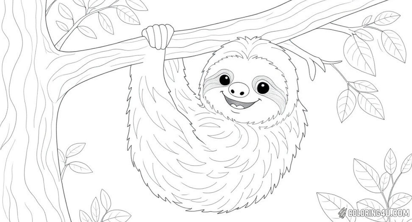 This delightful coloring page features a smiling sloth hanging from tree branches, surrounded by lush leaves and a couple of small hearts. Kids will love bringing this gentle sloth to life with vibrant colors while imagining it peacefully swaying in the forest canopy.