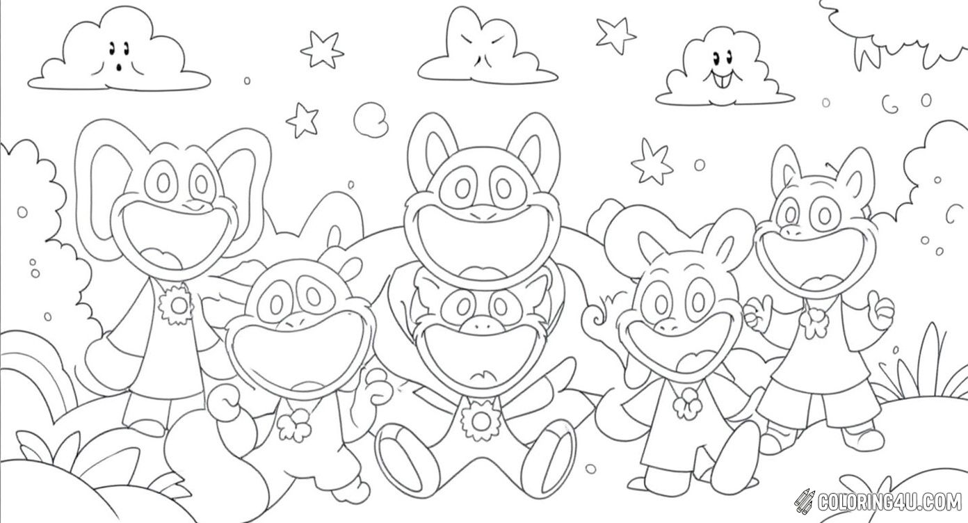 Smiling Critters Group Fun Coloring Page