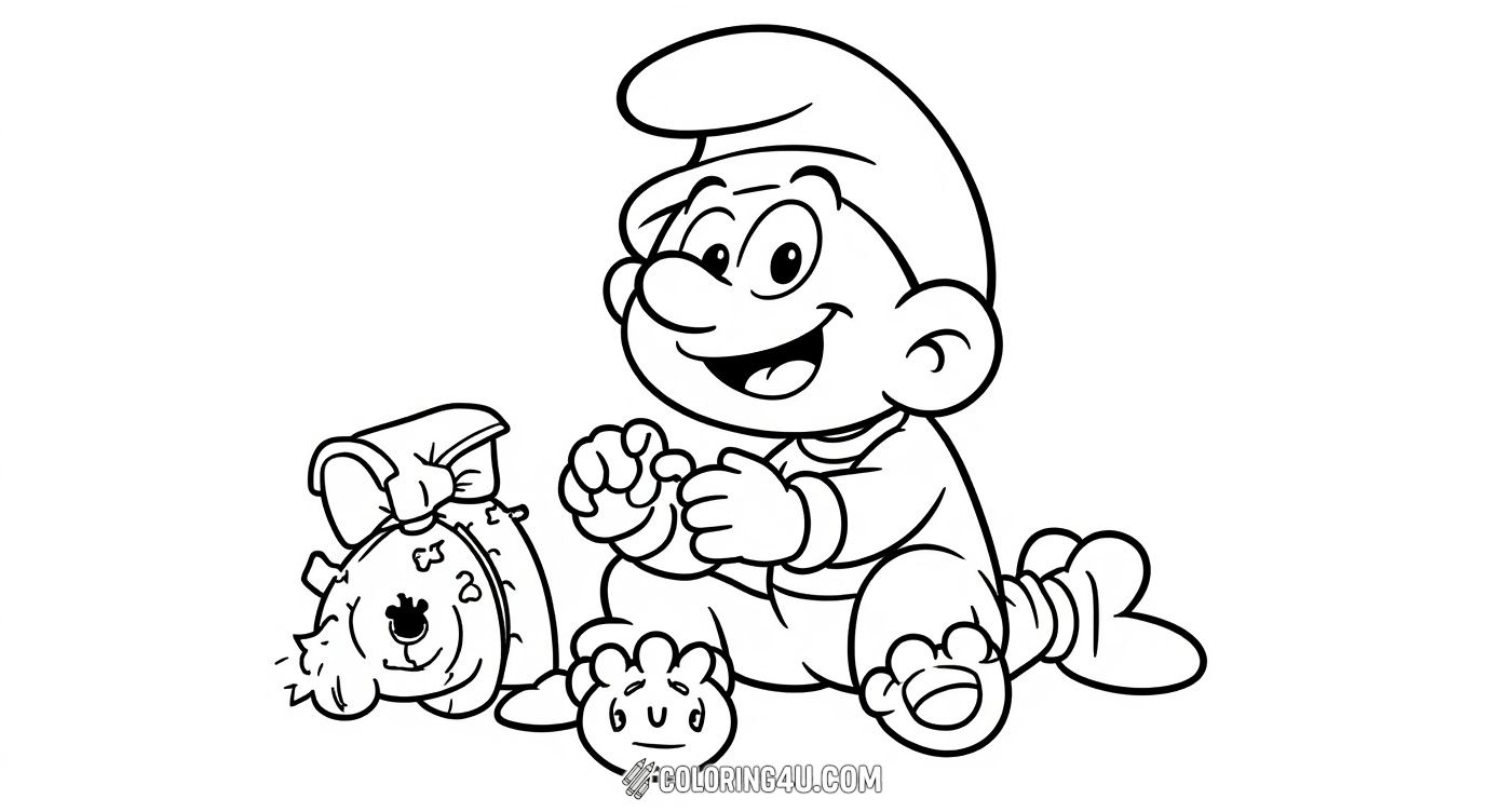 This adorable coloring page showcases Baby Smurf happily crawling with a teddy bear and a rattle nearby. Little artists will love coloring this cute scene filled with stars, capturing the joy and innocence of the youngest Smurf in a playful moment.