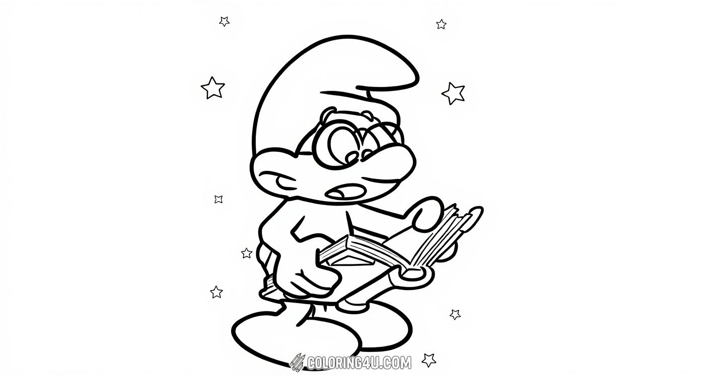 Dive into imagination with this coloring page of Brainy Smurf, the clever Smurf known for his glasses and love of reading. Kids can color Brainy Smurf as he studies a book under a sky filled with stars, sparking curiosity and a love for learning.