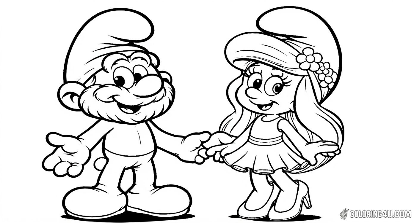 Enjoy coloring Papa Smurf and Smurfette holding hands and sharing a happy moment together! This delightful coloring page features Papa Smurf with his signature beard and Smurfette with her pretty flowers in her hair. It's a perfect picture for Smurf fans of all ages!