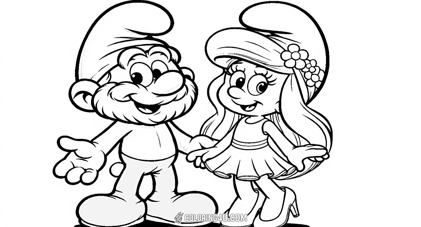 This delightful coloring page features two beloved Smurf characters, a cheerful Smurf and the lovely Smurfette, holding hands. Kids will enjoy bringing these friendly friends to life with vibrant colors as they explore the magical world of the Smurfs together.