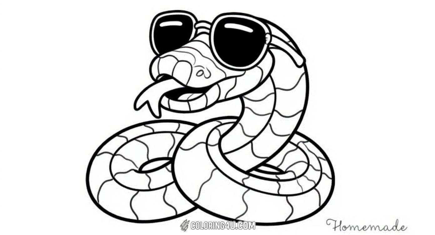 This fun and quirky coloring page shows a confident snake sporting cool sunglasses and a cheeky smile. Kids will enjoy adding vibrant colors to this playful character that exudes coolness and personality.