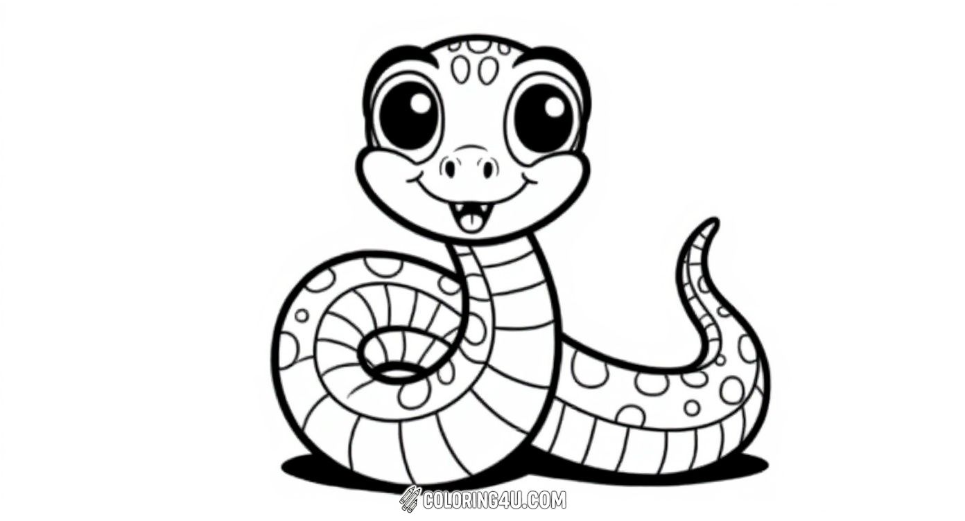 This adorable cartoon snake is ready to charm kids with its big sparkling eyes and happy smile. Its coiled body and friendly expression make it a fun and inviting coloring page for children who love playful animal characters.