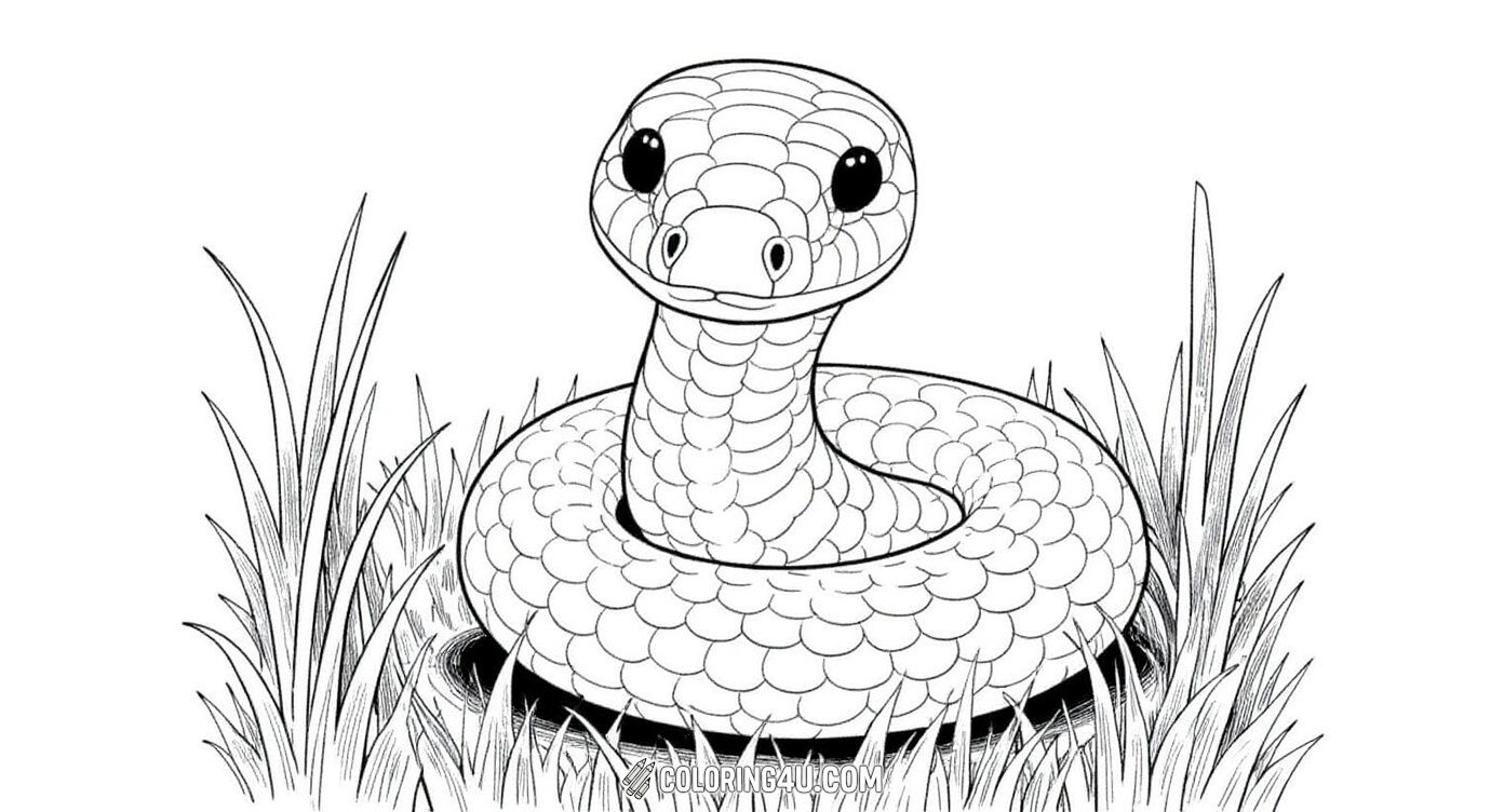 This delightful coloring page features a cute snake coiled up among tall blades of grass, looking at you with big, friendly eyes and a sweet smile. It's perfect for kids who love gentle animals and want to bring this charming snake to life with colors!