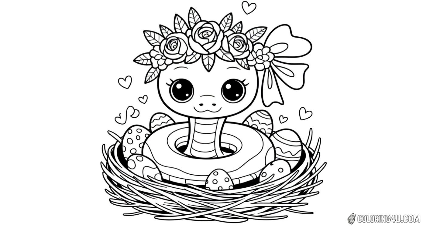 This adorable coloring page showcases a charming baby snake popping out of a nest filled with decorated Easter eggs. Wearing a lovely flower crown and surrounded by little hearts, this sweet snake invites kids to have fun coloring a joyful springtime and Easter-themed scene.