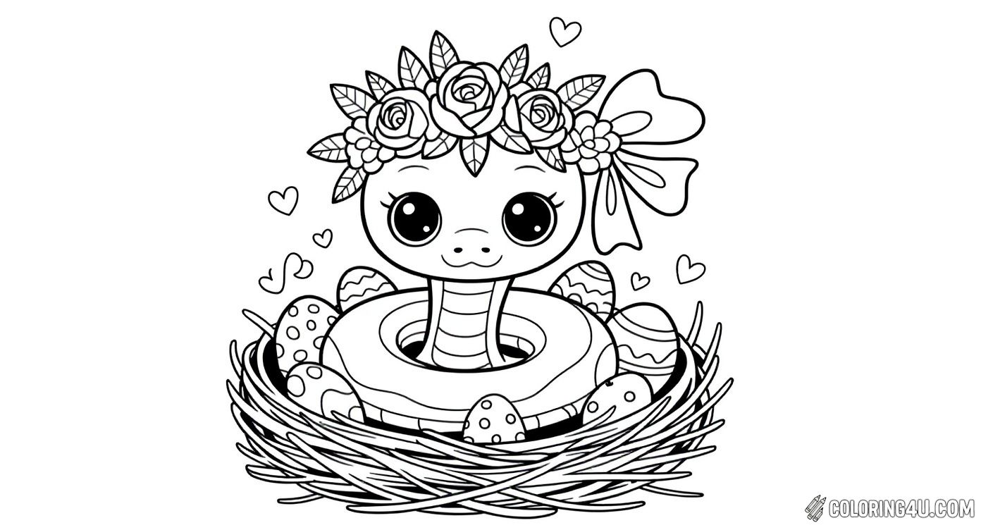 Kids will love coloring this adorable little snake popping out of a nest filled with decorated Easter eggs. The snake wears a lovely flower crown and a big bow, surrounded by little hearts, making this a cheerful and festive image perfect for springtime fun.