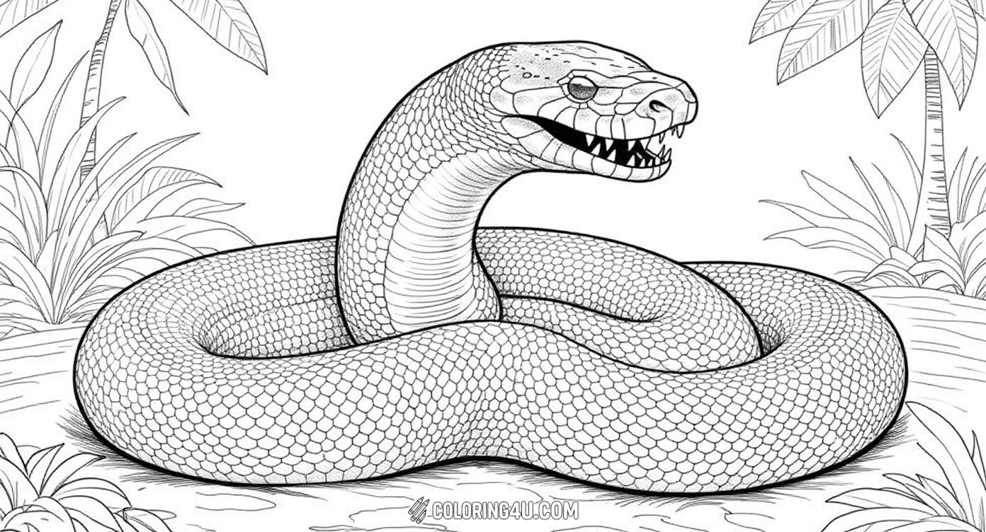 Get ready to explore the tropical rainforest with this detailed coloring page of a majestic anaconda resting on a tree branch. The intricate scales and beautiful background plants invite kids to use their creativity and learn more about this fascinating snake in its natural habitat.