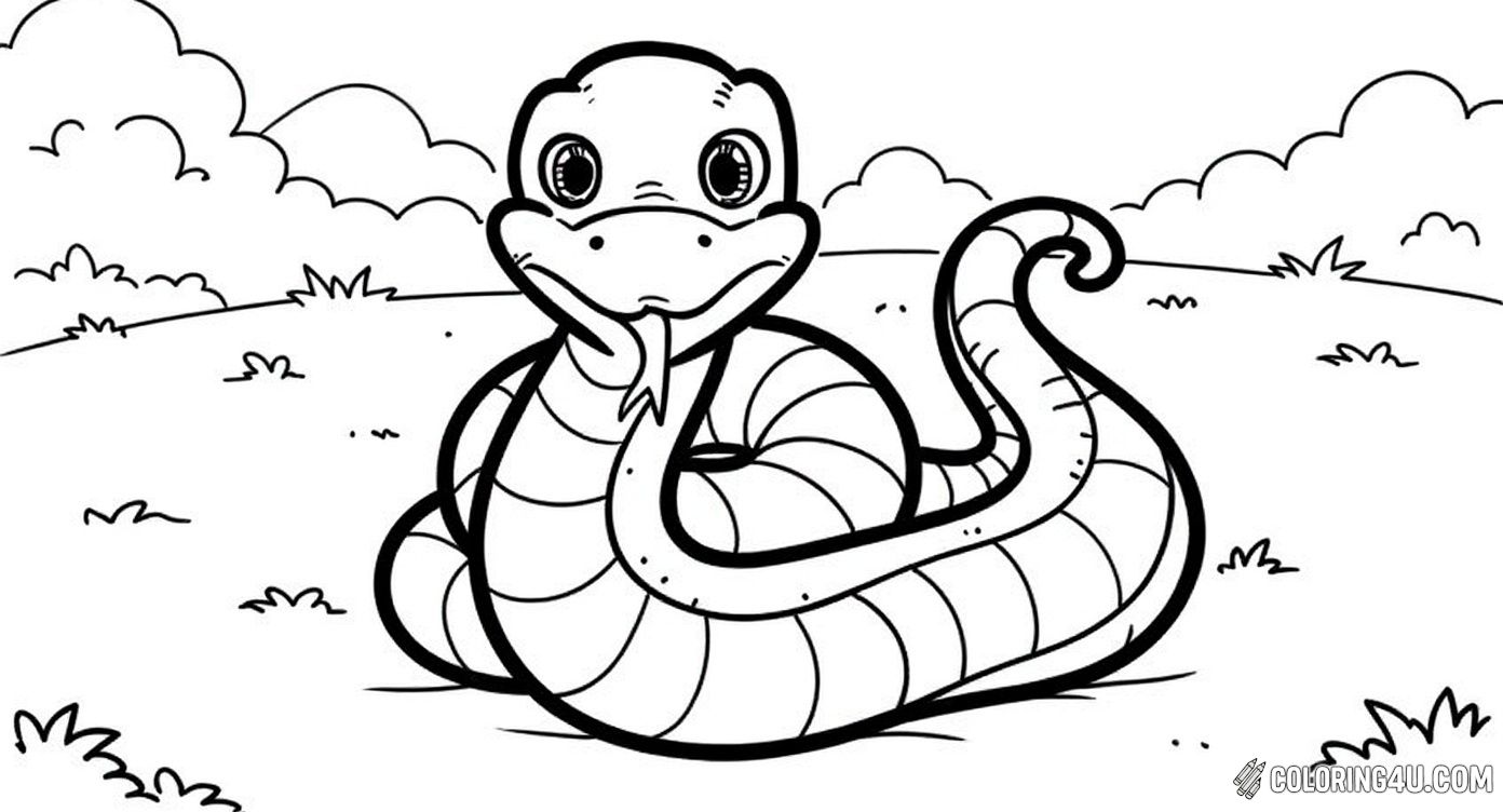 This delightful coloring page presents a friendly, smiling snake with a long, curvy body resting in a grassy field. With big expressive eyes and a playful tongue sticking out, children can enjoy coloring this cheerful snake and bringing its happy personality to life in a nature-inspired setting.