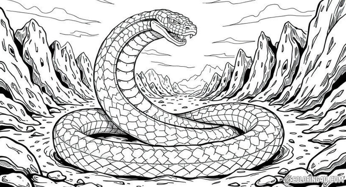 This exciting coloring page features a mighty cobra snake coiled in a rocky canyon with majestic cliffs all around. The snake's scales are beautifully detailed, making it a fun challenge for kids to color while imagining the mystery and adventure of the wild.