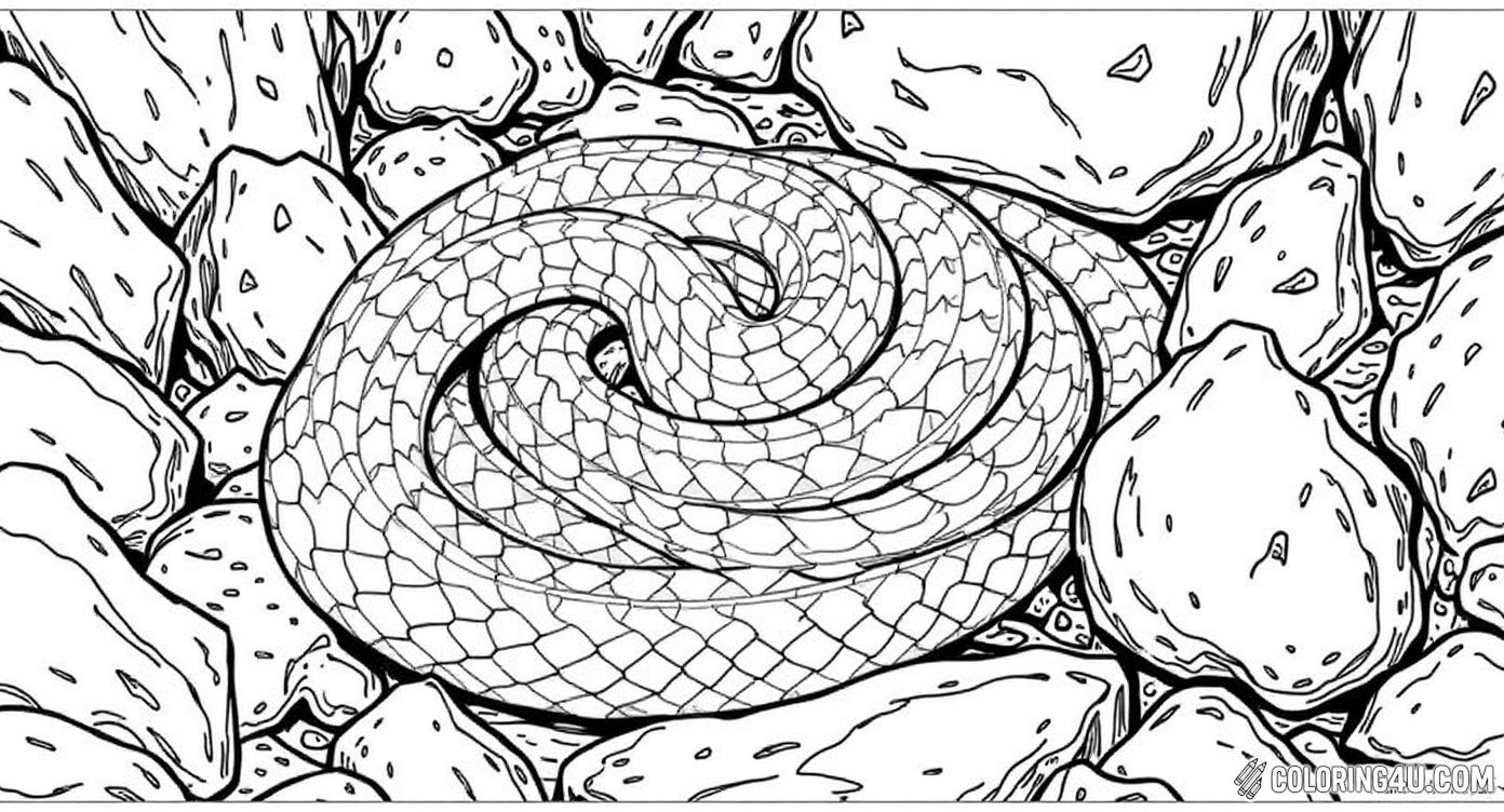 This exciting coloring page features a realistic cobra snake coiled tightly amongst sharp, rocky formations. With its detailed scales and fierce expression, kids can engage in bringing this mighty reptile to life using vibrant colors, making the scene as dramatic and dynamic as they want!