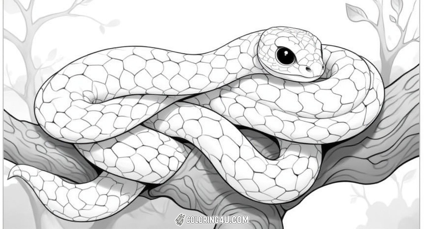 Explore the beauty of nature with this detailed coloring page featuring a realistic snake perched on a tree branch. The intricate scales and big expressive eyes invite kids to bring this fascinating reptile to life with their own choice of colors.