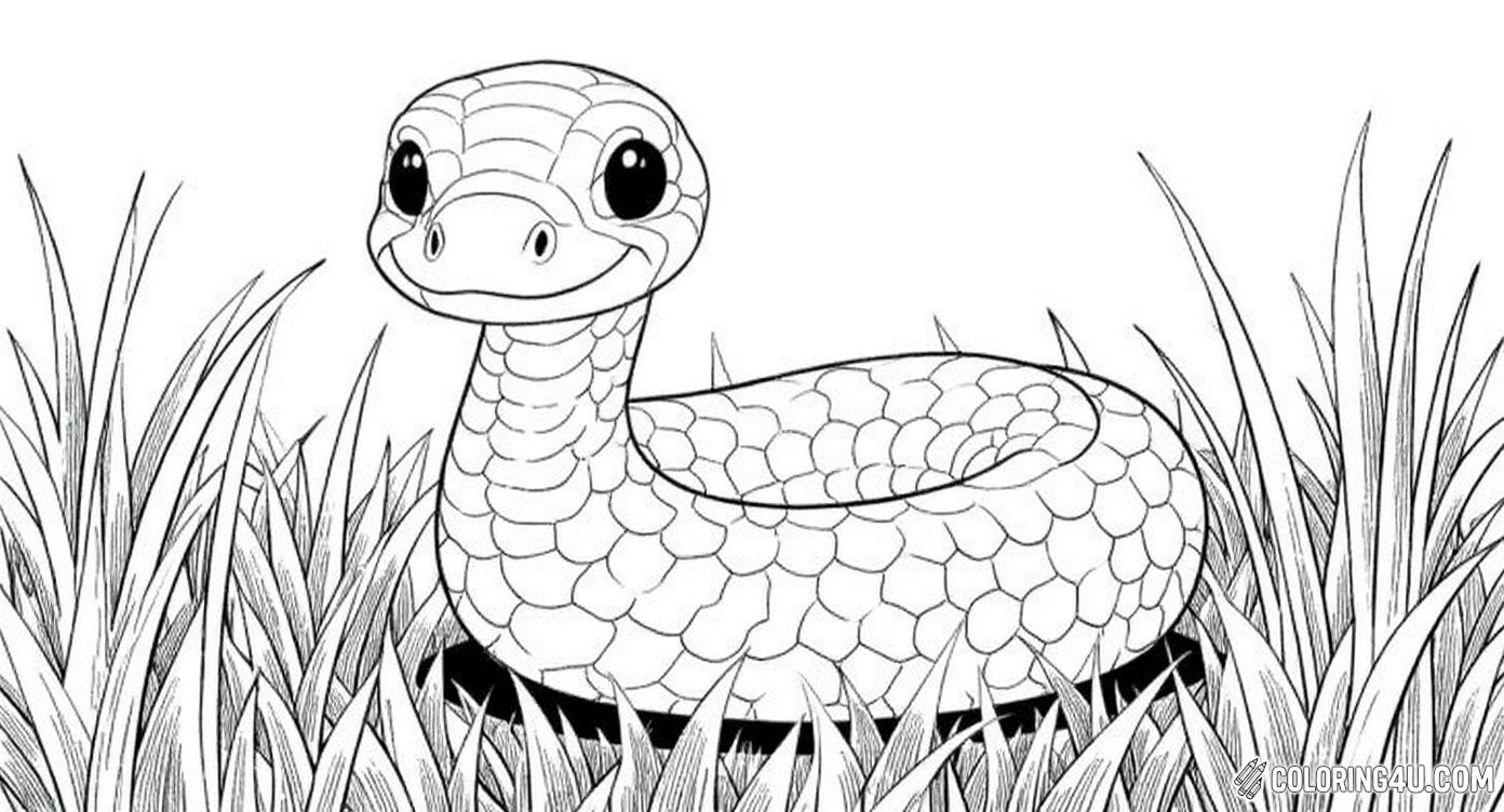 Cute Smiling Snake In Grass Coloring Page