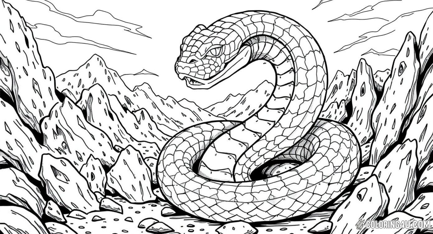 This exciting coloring page features a fearsome cobra coiled up among jagged rocks in a desert landscape. Kids can have fun bringing this powerful snake to life with bright colors and imagine it guarding its territory with a flickering tongue and sharp eyes.
