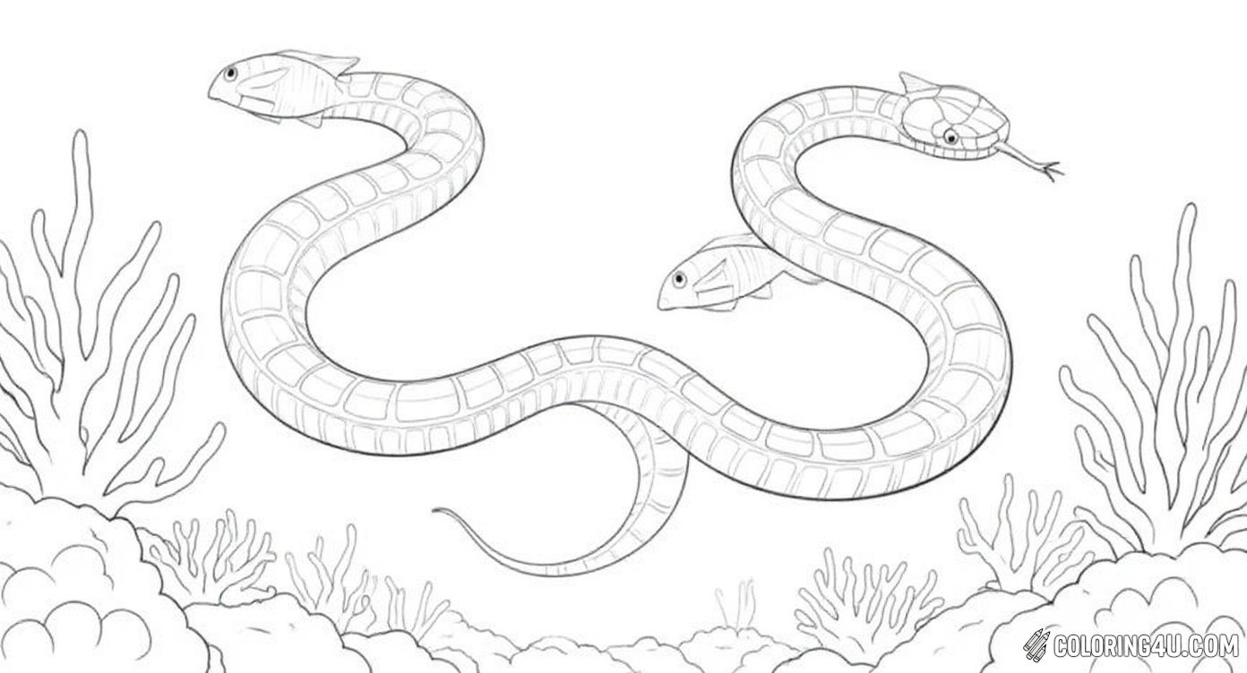 Dive into the ocean with this beautiful gliding sea snake swimming gracefully through a vibrant coral reef. Surrounded by colorful fish and detailed sea plants, this coloring page invites kids to explore the underwater world as they add bright colors to this friendly sea snake.