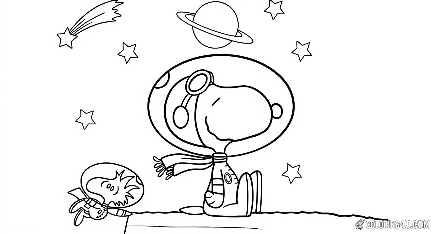 Blast off with Astronaut Snoopy and his friend Woodstock on a fun space adventure! This imaginative coloring page shows them in space suits exploring the stars, planets, and comets, encouraging kids to dream big and explore the universe with creativity.
