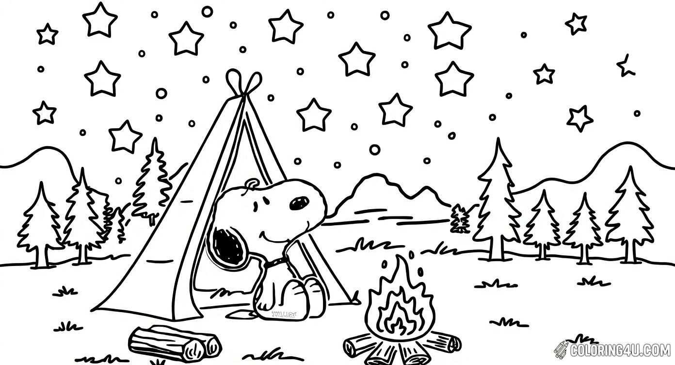 Join Snoopy as he sits happily by the campfire under a beautiful starry night, with a cozy tent and nature all around. This delightful camping scene invites kids to color and imagine a peaceful night outdoors with their favorite beagle.