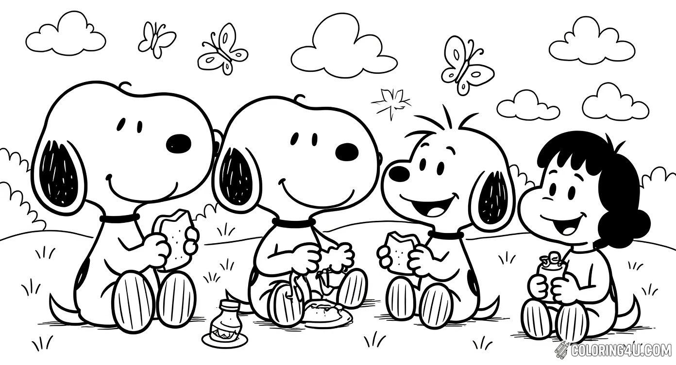 Color this delightful scene of Snoopy sharing a picnic with his little friend Woodstock. Surrounded by butterflies and flowers, this cheerful page invites kids to bring a splash of color to their favorite meal outdoors in a sunny meadow.