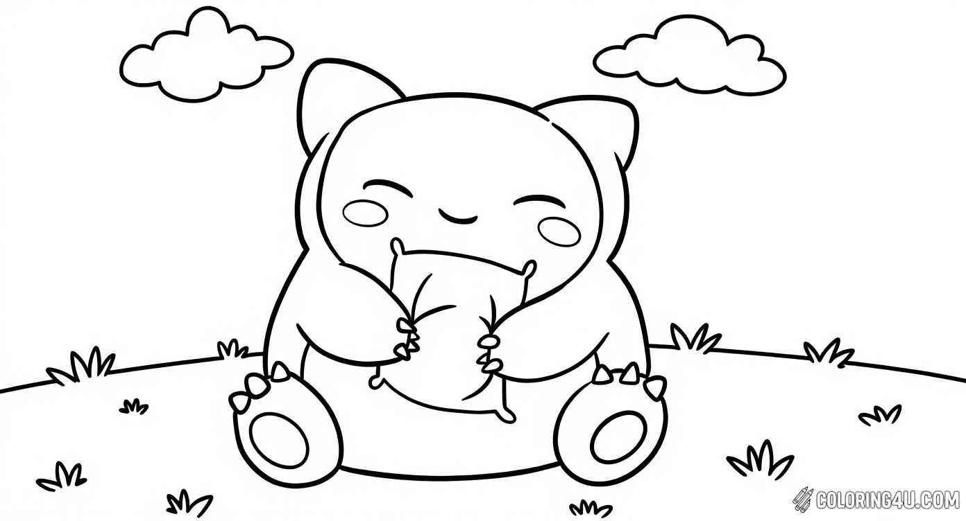 Here is a charming and simple coloring page of Snorlax hugging a cozy pillow outdoors with clouds in the background. This adorable scene invites kids to color the happy Snorlax in their favorite hues and create a warm, comforting image full of joy and relaxation.