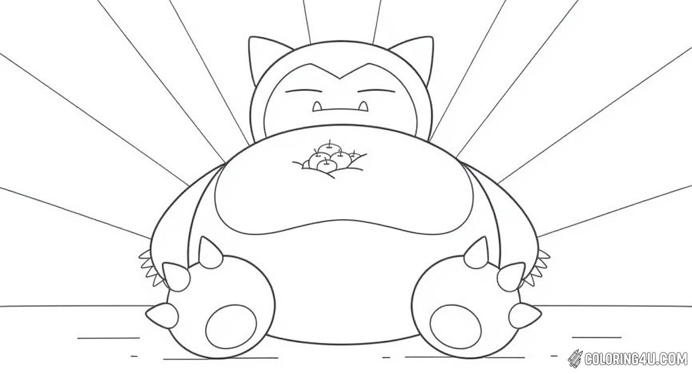 This coloring page features the beloved Pokémon Snorlax resting peacefully with a pile of apples on its belly, framed by the bold Pokémon logo. Kids can have fun bringing this relaxed giant to life with vibrant colors while imagining its calm and gentle nature.