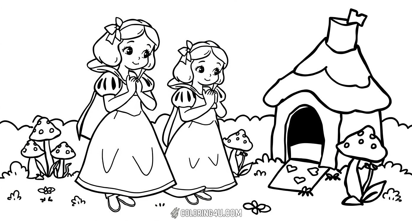 This adorable coloring page shows a sweet young Snow White standing near a cozy little house with a chimney, surrounded by oversized mushrooms and small plants. Her hands are clasped in delight as she enjoys the peaceful forest setting, perfect for kids to add bright colors to this fairy tale moment.