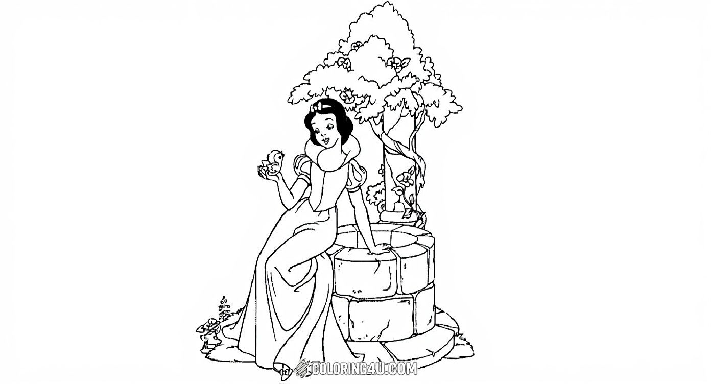 Here Snow White is beautifully seated next to a stone wishing well adorned with flowers and greenery. Holding a small bird in her hand, she looks happy and serene, inviting kids to color a scene full of fairy tale magic and gentle wonder in the enchanted forest surroundings.