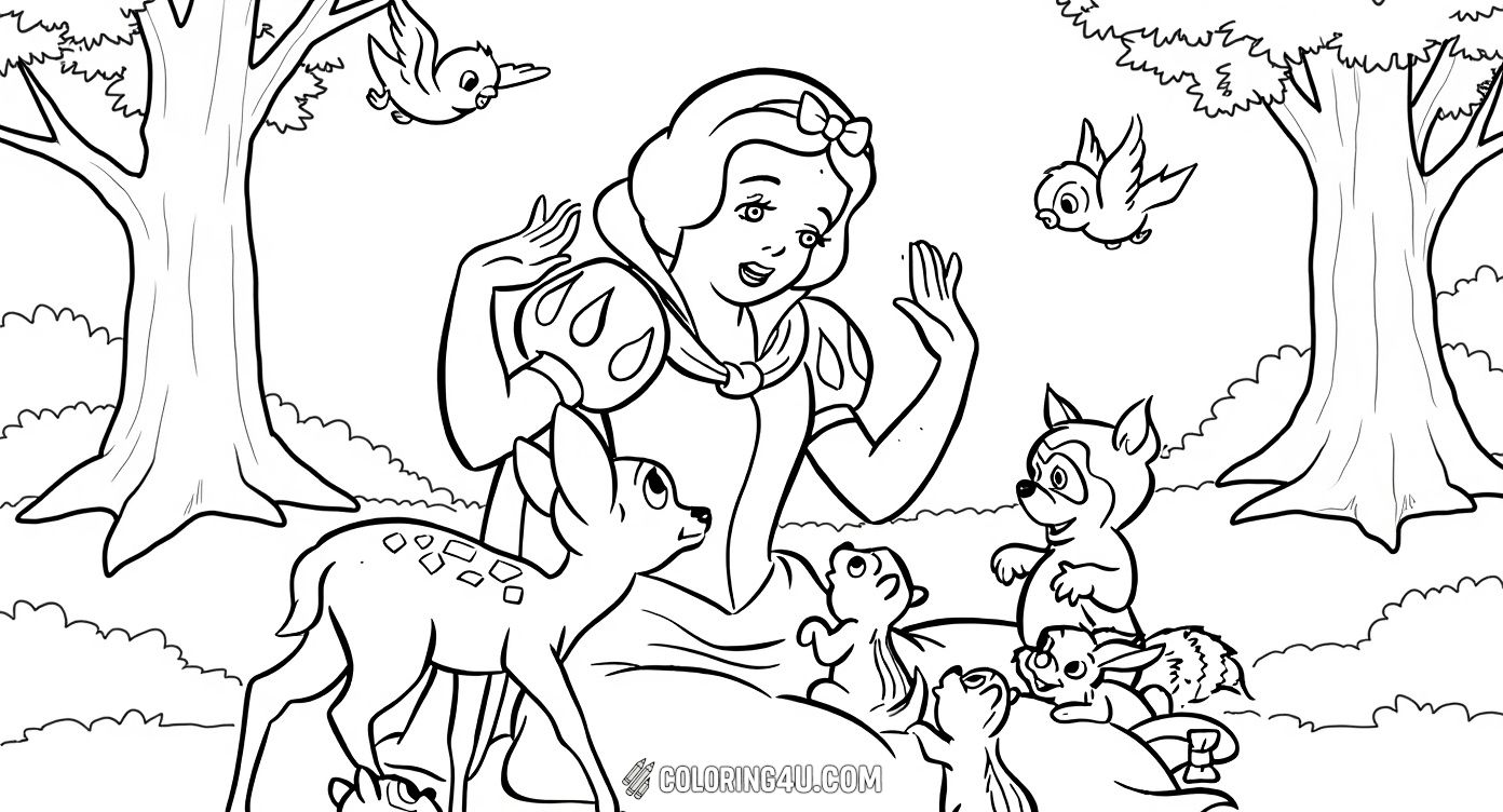 This charming coloring page features Snow White sitting peacefully among her forest animal friends including birds, squirrels, rabbits, and a deer. Kids will love bringing to life this magical moment where Snow White lovingly communicates with the woodland creatures in a delightful scene full of friendship and nature.