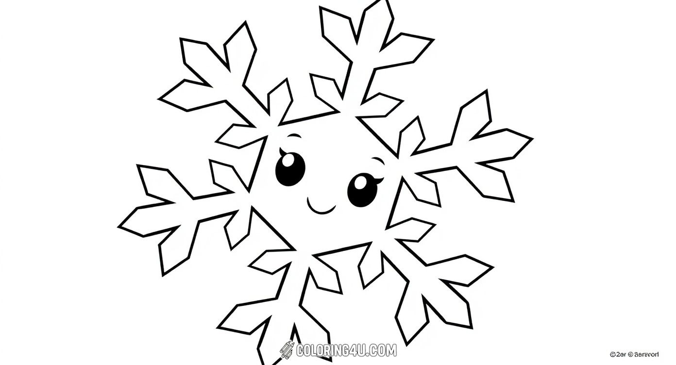 Meet this adorable smiling snowflake with big, friendly eyes, ready to brighten up your coloring day! Kids will enjoy coloring this cheerful character and imagining all the snowy adventures it experiences during the winter season.