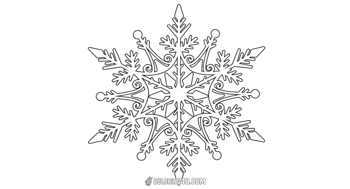 This intricate snowflake coloring page features a highly detailed and fancy snowflake design. It invites kids who enjoy detailed artwork to bring this beautiful winter pattern to life with their choice of colors.