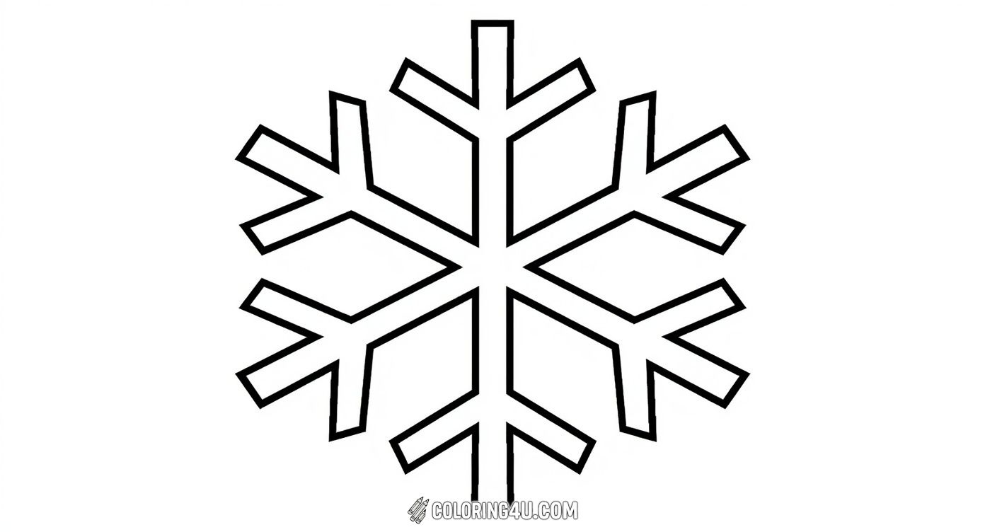 This coloring page features a simple and bold snowflake outline, perfect for young kids to color. Its clear and large design makes it easy to fill in vibrant colors while learning about the unique beauty of winter snowflakes.