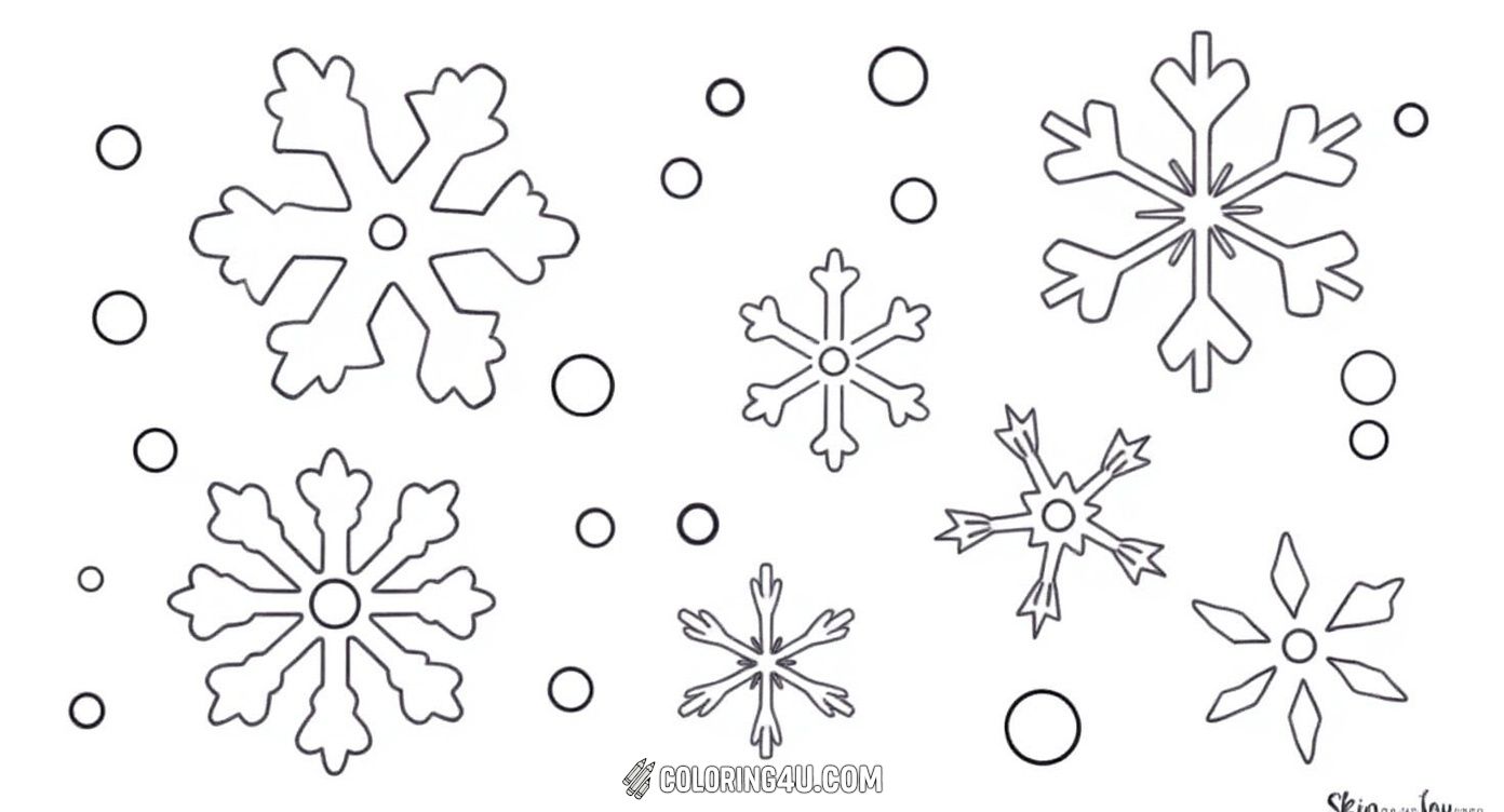 Discover the beauty of winter with this coloring page full of five unique snowflakes surrounded by little snow dots. Each snowflake has a different shape and design, perfect for kids to add their favorite colors and bring these chilly winter friends to life!