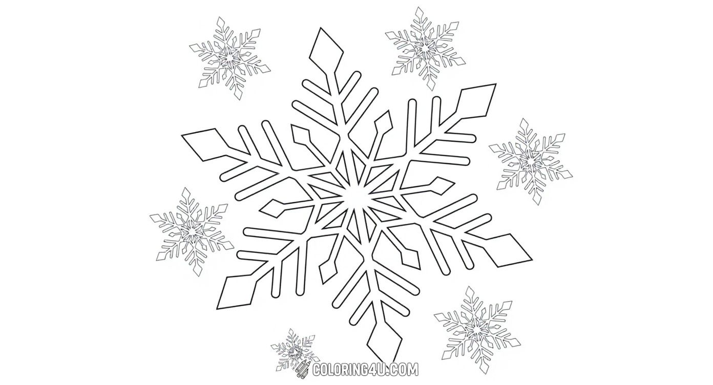 This fun snowflake coloring page shows a large detailed snowflake surrounded by smaller snowflakes, with the word 'snowflake' displayed at the bottom. It is perfect for early readers and beginners to practice coloring and enjoy a winter theme.