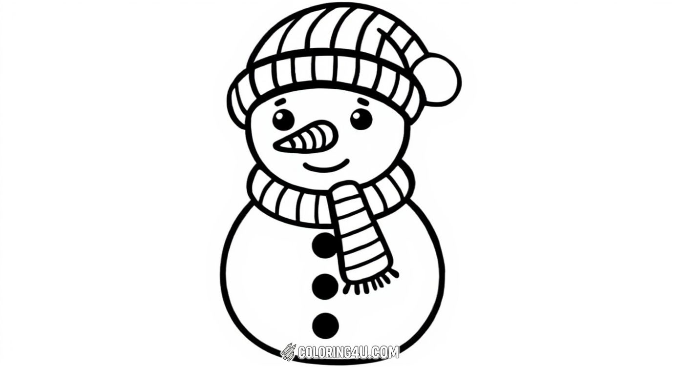 This adorable snowman is wearing a cozy striped hat and scarf, ready to cheer up your winter day! Kids can enjoy coloring its big smile, carrot nose, and buttons while imagining a fun snowy adventure.