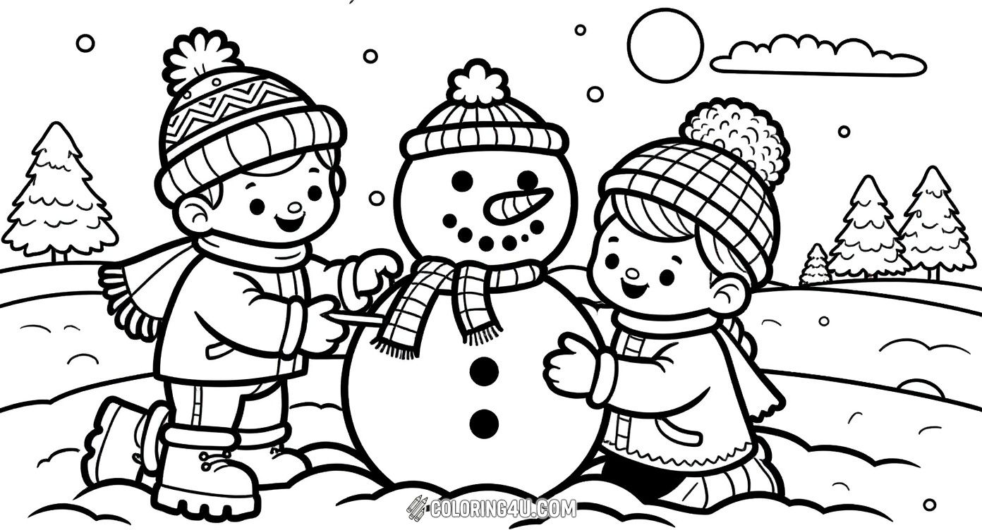 Join two cheerful kids building a joyful snowman together on a beautiful winter day! This fun scene encourages creativity as children color the kids bundled up in warm clothes, the smiling snowman, and the snowy landscape all around.