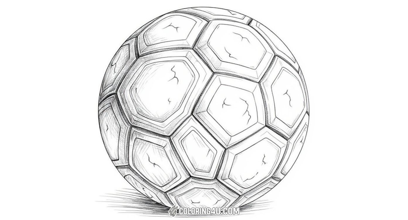 This intricate coloring page shows a detailed and realistic sketch of a classic soccer ball, highlighting the textures and cracks on its surface. Kids can practice shading and fine coloring skills while making this soccer ball come alive with their creativity.