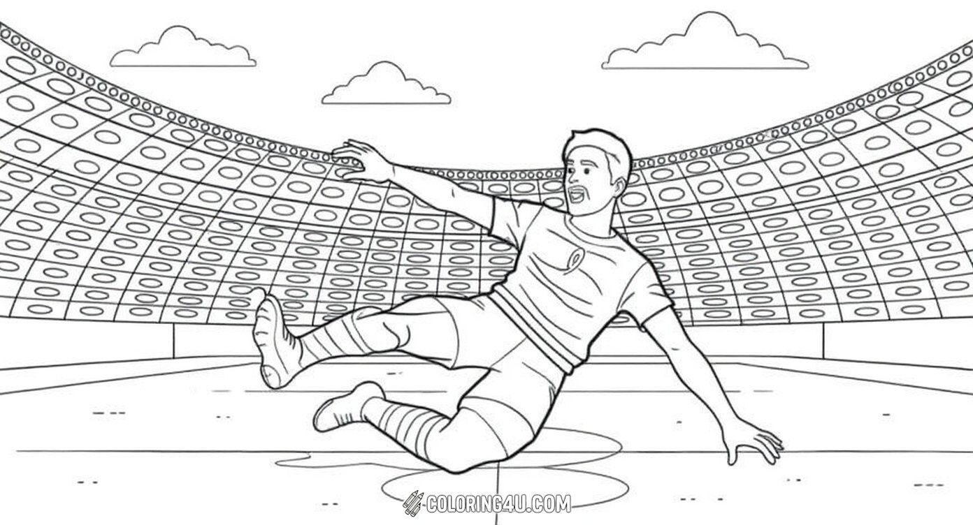 This exciting coloring page shows a soccer player making a dramatic sliding save on the field, with a big soccer ball in the foreground and a stadium full of cheering fans in the background. Kids can have fun bringing this action-packed moment to life with their favorite colors!