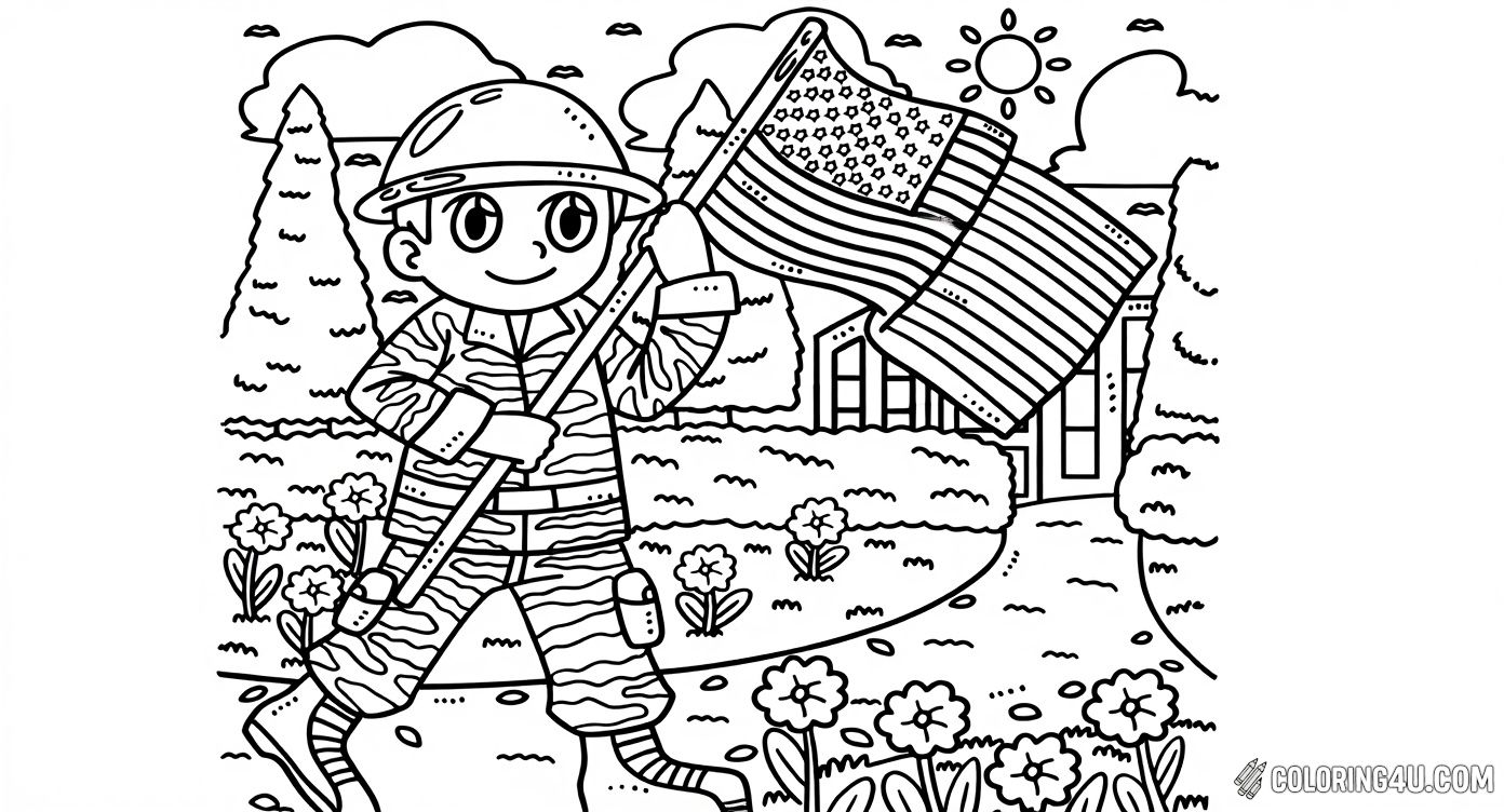 This cute and cheerful cartoon soldier is proudly carrying an American flag while strolling through a garden filled with flowers and trees. The sunny background and friendly character invite kids to color this happy and patriotic soldier scene.