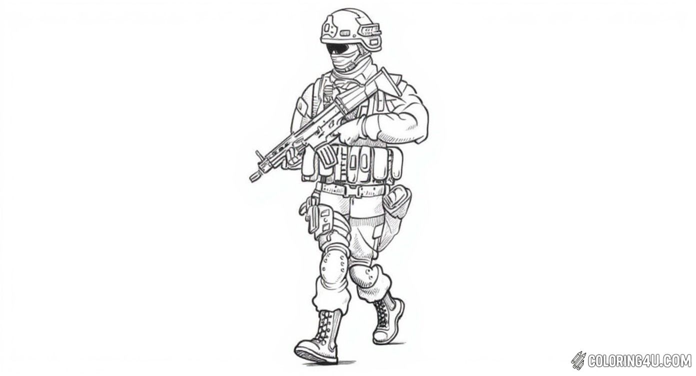 This coloring page features a modern soldier fully equipped with protective gear and holding a rifle. The detailed outfit includes a helmet, knee pads, and utility pouches, making it a fun and engaging image for kids interested in soldiers and adventure.