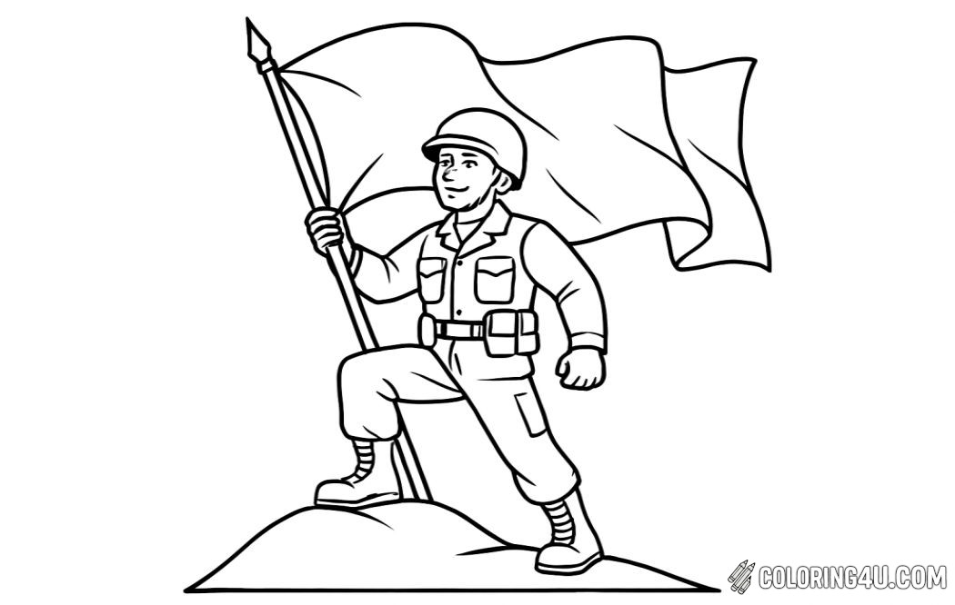 Soldier Raising Flag On Hill