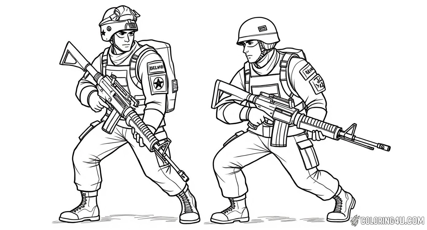 This dynamic coloring page shows two Russian soldiers in action, aiming their rifles and ready for a mission. The page is rich in military details, including helmets and tactical vests, providing an exciting and realistic depiction for kids who enjoy coloring detailed soldier scenes.