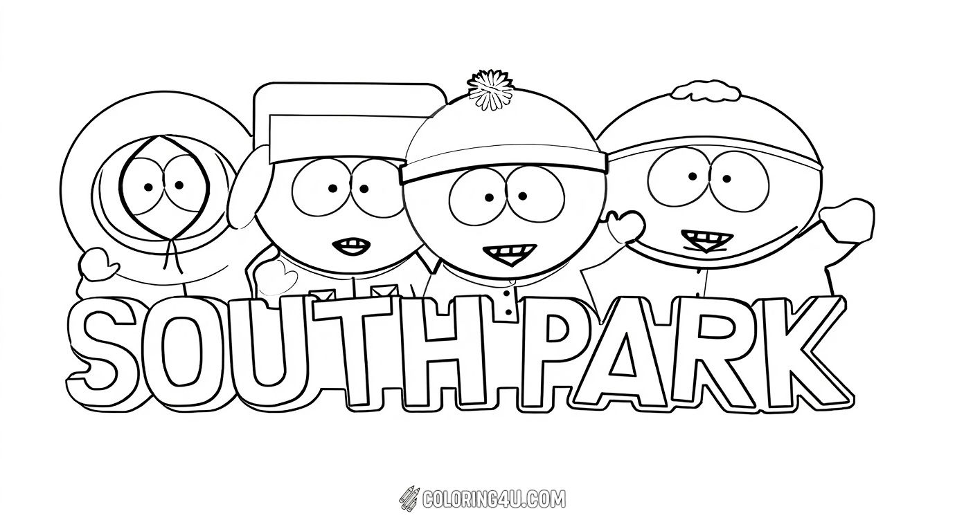 This fun coloring page features the main characters from the popular animated show South Park standing behind a big 'South Park' title. Kids can bring to life the lovable and funny characters with their favorite colors, making this a perfect activity for fans of the show.
