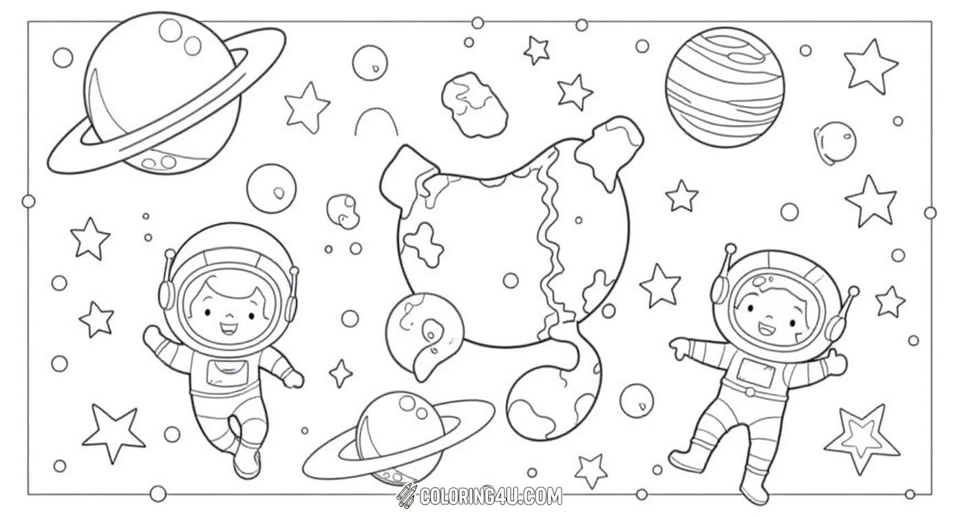 Join the space explorers and friendly aliens on an out-of-this-world mission! This lively coloring page is packed with astronauts, rockets, planets, flying saucers, and comets, perfect for kids to color and create their own cosmic story.