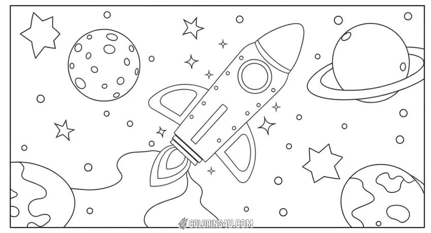 Blast off into an exciting space adventure with this coloring page showcasing a rocket ship flying through space with planets, stars, and moons all around. Kids can enjoy coloring the spaceship and the celestial background in vibrant hues as they imagine their journey to the stars.