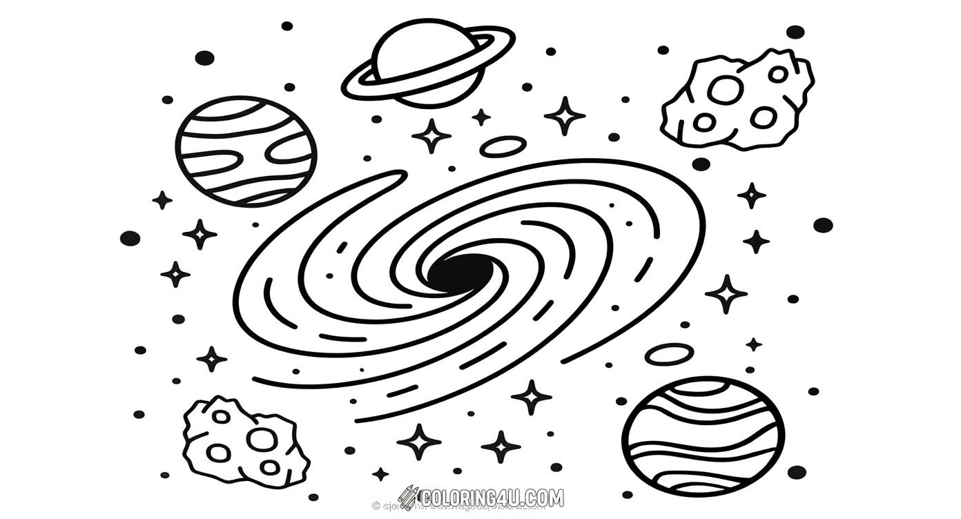 Explore the wonders of outer space with this fun coloring page that features a swirling galaxy surrounded by planets, asteroids, and sparkling stars. Kids can let their imagination soar as they bring this cosmic scene to life with their favorite colors!