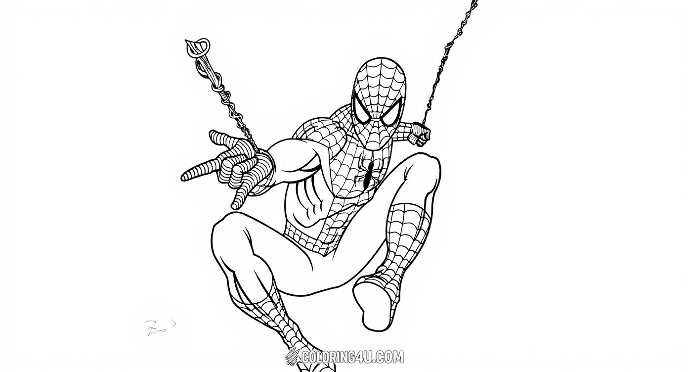 Swing into action with the classic Spider-Man in this exciting coloring page! Featuring the friendly neighborhood hero shooting webs while soaring through the air, this image invites kids to add their favorite colors to Spider-Man's iconic suit and experience the thrill of being a superhero.