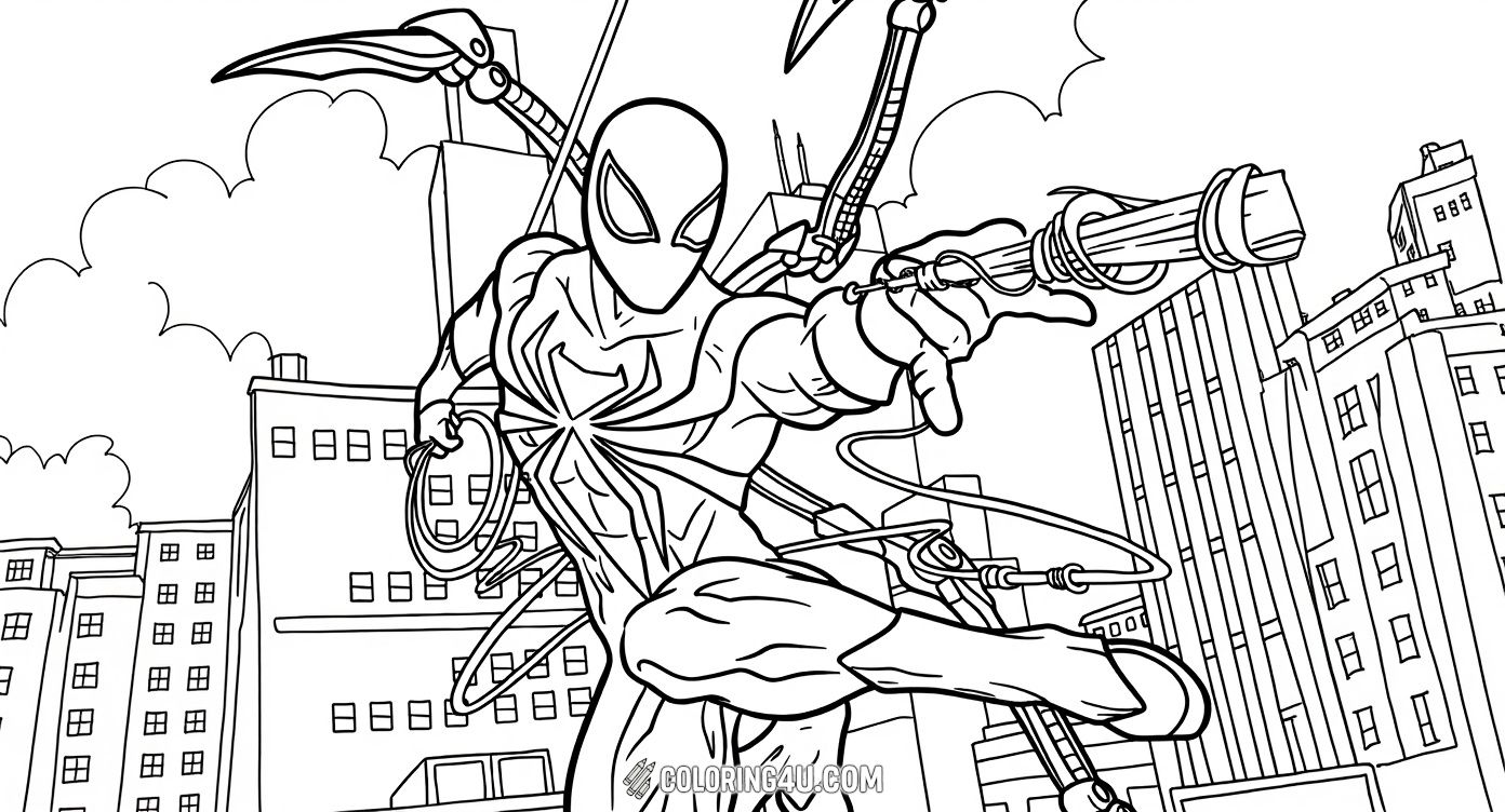 Join the thrilling adventure of the Iron Spider as he swings through the bustling cityscape! This coloring page features Spider-Man in his advanced Iron Spider suit, complete with mechanical arms and dynamic web-slinging action. Kids can bring this heroic moment to life with vibrant colors and imagination.