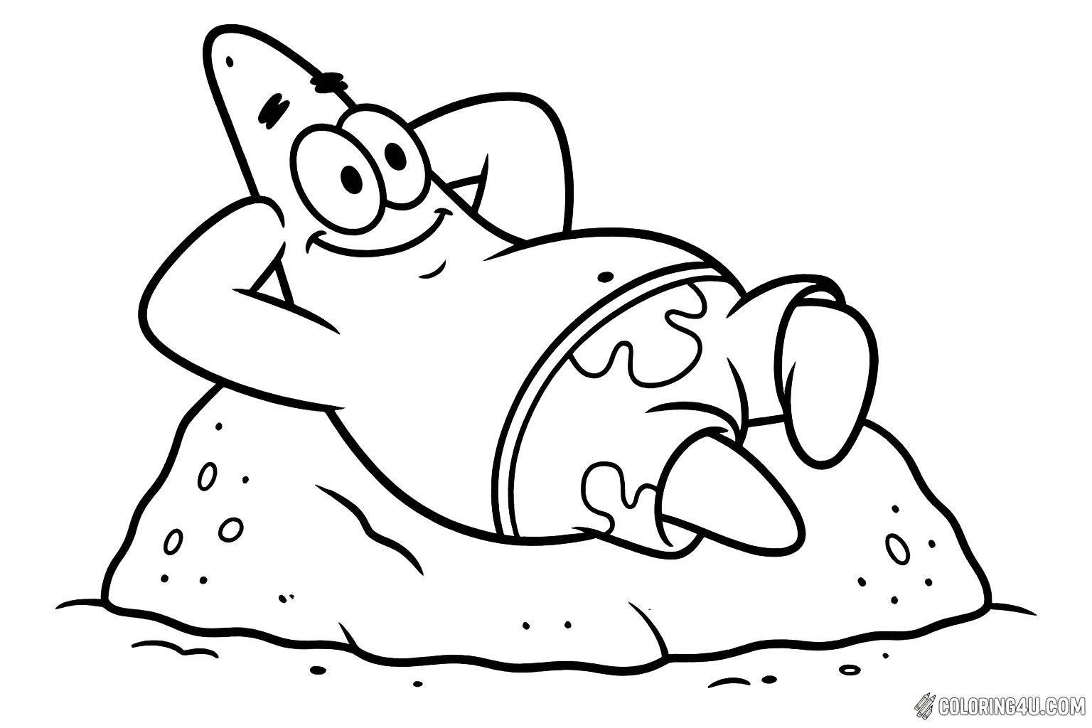 Patrick Star is lounging comfortably on a rock, his arms behind his head and a big smile on his face. With his signature green and purple shorts, he looks relaxed and carefree under the sea. This fun coloring page invites kids to bring Patrick's cheerful personality to life with vibrant colors as he enjoys a sunny day in Bikini Bottom.