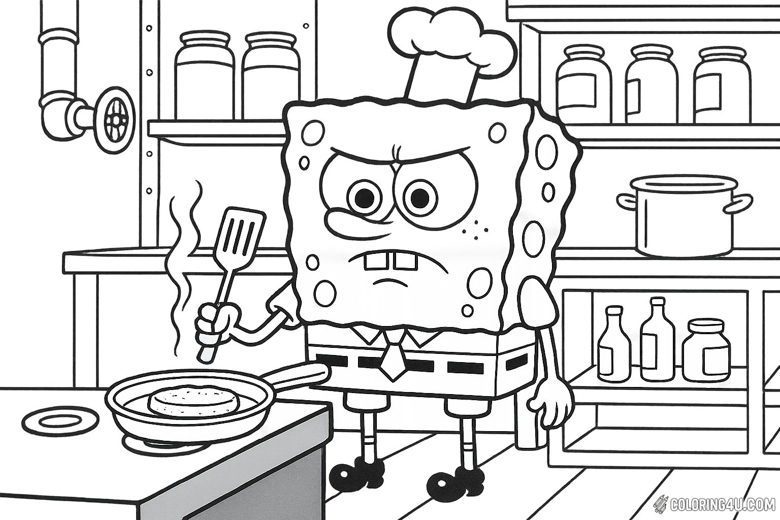 SpongeBob SquarePants is hard at work in the bustling Krusty Krab kitchen, focused on flipping a delicious Krabby Patty. With his chef's hat perched atop his head and a spatula in hand, he looks determined, surrounded by shelves filled with jars and a bubbling pot. Dive into this fun scene and bring SpongeBob's culinary adventure to life with your favorite colors!