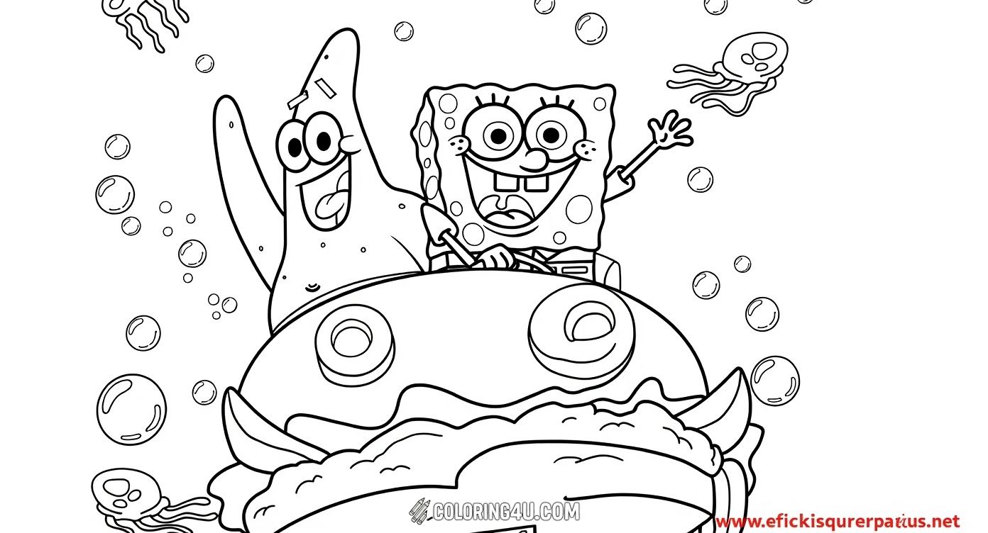 SpongeBob and his best friend Patrick embark on a fun underwater adventure in a special Krabby Patty car! Surrounded by their friends and bubbly ocean scene, this exciting coloring page invites kids to color all the vibrant characters and dive into the world of Bikini Bottom.
