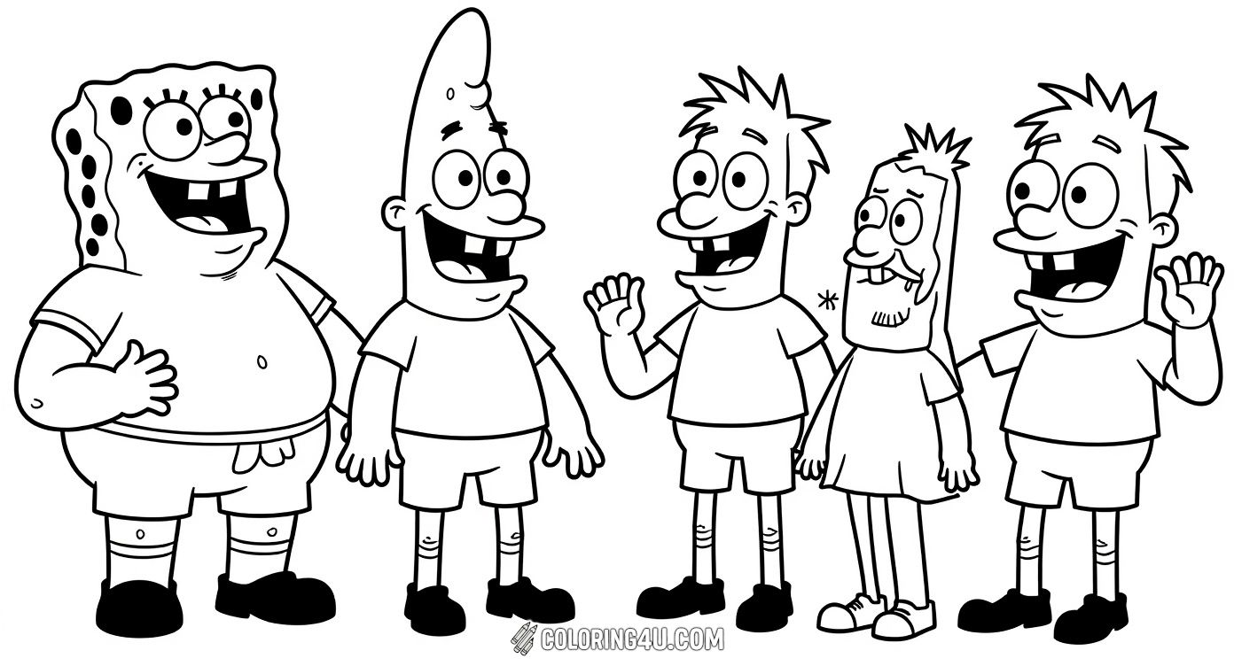 Color SpongeBob SquarePants and his best friend Patrick Star standing happily together with their pet snail Gary! With the iconic SpongeBob SquarePants logo above, this delightful coloring page is perfect for kids to add bright colors to these beloved characters from the underwater town of Bikini Bottom.